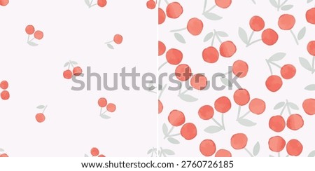Seamless Cherry Pattern Background in Soft Pastel Tones. hand-drawn watercolour cherries with soft pastel colours on a light background. Perfect for textiles, wallpapers, packaging, stationery, and digital design projects with a playful and minimal aesthetic.