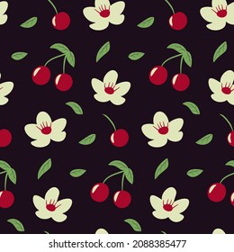 Seamless cherry pattern. Berries, leaves and flowers on dark purple background. Color vector illustration.