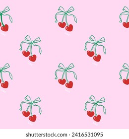 Seamless Cherry pattern with bow in cartoon style. Cute trendy design. Vector funky illustration. Ballet-core, coquette-core background.