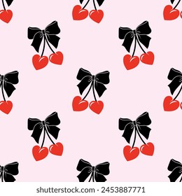 Seamless Cherry pattern with bow in cartoon style. Cute trendy design. Vector funky illustration. Ballet-core, coquette-core background.