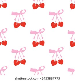 Seamless Cherry pattern with bow in cartoon style. Cute trendy design. Vector funky illustration. Ballet-core, coquette-core background.