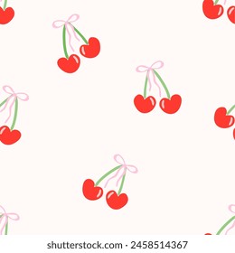 Seamless Cherry pattern with bow in cartoon style. Cute trendy design. Vector funky illustration. Ballet-core, coquette-core background.