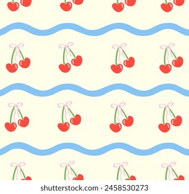 Seamless Cherry pattern with bow in cartoon style. Cute trendy design. Abstract blue wavy shapes 
in detail. Vector funky illustration. Ballet-core, coquette-core background. 