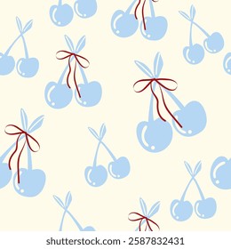 Seamless Cherry pattern with bow in cartoon style. Cute trendy design. Vector funky illustration. Ballet-core, coquette-core background.