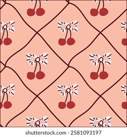 Seamless cherry pattern with bow on geometric background.