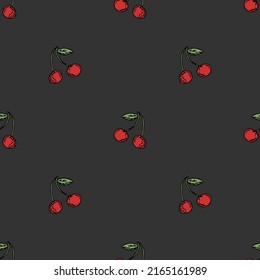 Seamless cherry pattern. Doodle vector with red cherry icons. Vintage cherry pattern