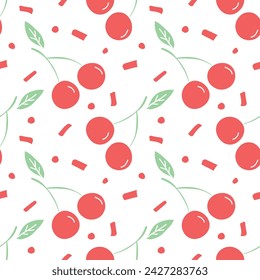 Seamless cherry pattern. Doodle vector with red cherry icons. Vintage cherry pattern