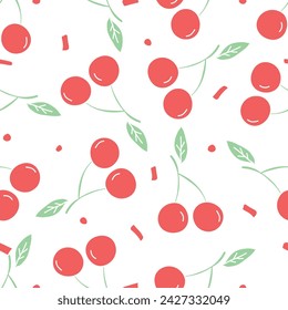 Seamless cherry pattern. Doodle vector with red cherry icons. Vintage cherry pattern