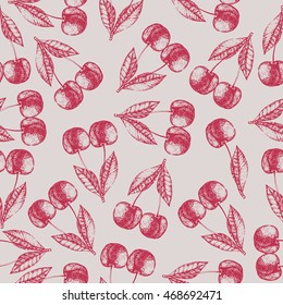 Seamless cherry pattern. Fresh fruit sketch background