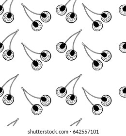 Seamless cherry pattern. .Fruit picture. Hand drawn illustration. For fabric, wrapping paper, print and web projects. Black and white background.