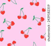 Seamless Cherry pattern with green leaf in cartoon style. Cute trendy design. Vector funky illustration. Cherries in heart shape.