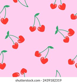 Seamless Cherry pattern with green leaf in cartoon style. Cute trendy design. Vector funky illustration. Cherries in heart shape.