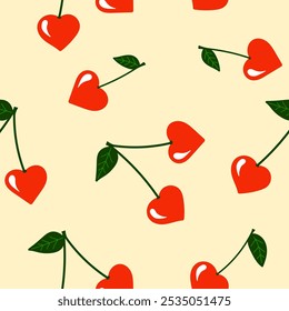 Seamless Cherry pattern with green leaf in cartoon style. Cute trendy design. Vector funky illustration. Cherries in heart shape.