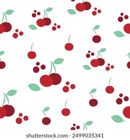 Patrón de cereza sin fisuras con hojas verdes sobre fondo blanco. Ilustración vectorial para la impresión, fondos, Fondo de pantalla, papel de embalaje, tela y tarjetas