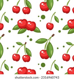 Seamless cherry pattern. Hand drawn vector illustration for summer romantic cover, tropical wallpaper, vintage texture