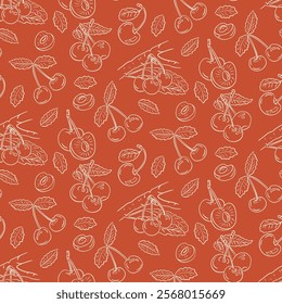 Seamless cherry pattern with hand drawn doodle style cherries, leaves, and branches on a vibrant red background