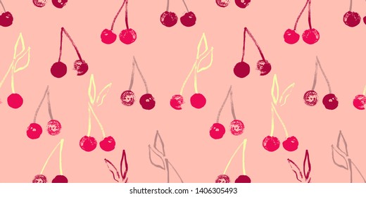 Seamless cherry pattern with handmade drawings in pink color palette.