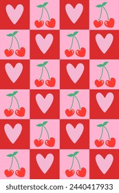 Seamless Cherry pattern with hearts in cartoon style. Cute trendy design. Vector funky illustration. Cherries in heart shape. Checkered Cherries with pink heart.