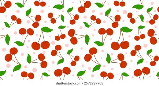 Seamless Cherry Pattern with Leaves and Dots. Playful seamless pattern featuring red cherries, green leaves, and pink dots on a white background, ideal for textiles and designs