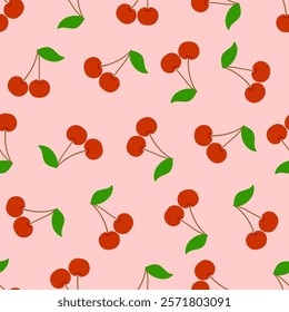 Seamless Cherry Pattern on Pink Background. A playful seamless pattern of red cherries with green leaves on a soft pink background, ideal for fabric, wallpaper, or design projects