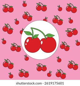 Seamless cherry pattern on pink background. Cute fruit design for fabric, Wallpaper, and prints