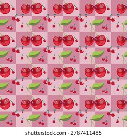 Seamless cherry pattern on a pink checkered background. Cute vector illustration of ripe red cherries with green leaves, perfect for textiles, wrapping paper, wallpaper, and sweet retro designs.