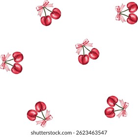 Seamless Cherry Pattern with Pink Ribbon Bows – Hand-Drawn Watercolor Style

