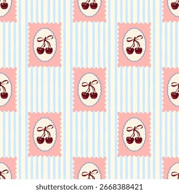 Padrão de cereja sem costura com quadro de carimbo rosa e fundo azul listrado. Design de vetor de frutas retro bonito