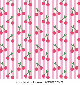 Seamless Cherry Pattern with Pink Vertical Stripes