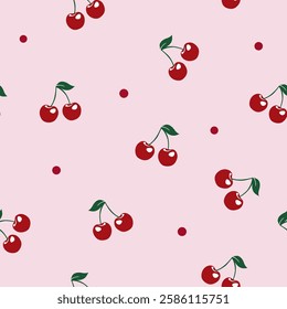 Seamless Cherry Pattern | Red Cherries with Green Leaves on White Background | Cute Kawaii Fruit Design for Fabric, Wrapping Paper, Gift Packaging, Scrapbooking, and Digital Prints