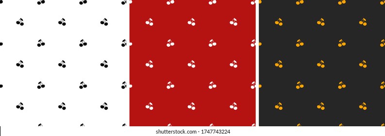 Seamless cherry pattern set. Black and white. White cherries with a leaf on a red background. Orange cherries with a leaf on a black background. Vector. EPS 10