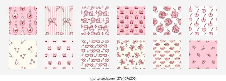 Seamless cherry pattern set with pink bows and hearts creates a cute coquette design perfect for girly Valentines Day backgrounds, fabric prints, and romantic spring decor with vintage charm.