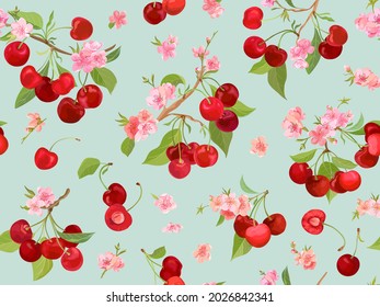 Seamless cherry pattern with summer berries, fruits, leaves, flowers background. Vector illustration in watercolor style for spring cover, wallpaper texture, wrapping backdrop, vintage packaging