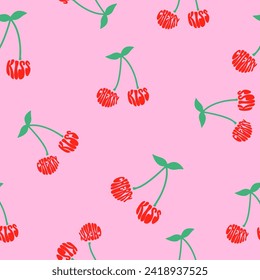 Seamless Cherry pattern with text in cartoon style. Cute trendy design. Vector funky illustration. Cherry kiss written text.