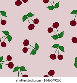 Seamless cherry pattern with yogurt leaves background. The basic design color is cherry and green. The background is pink and lilac. Vector illustration.