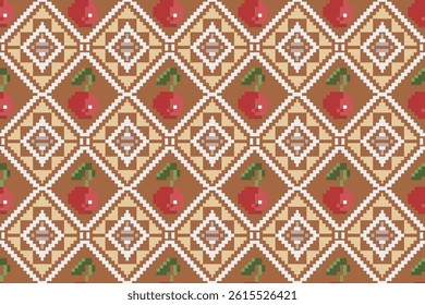Seamless cherry pixel art vintage fabric pattern