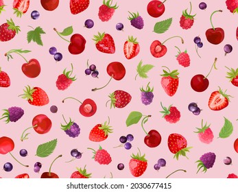 Seamless cherry, strawberry, raspberry, black currant pattern with summer berries, fruits, leaves, flowers background. Vector illustration watercolor style for spring cover, texture, wrapping backdrop