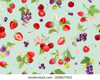 Seamless cherry, strawberry, raspberry, black currant pattern with summer berries, fruits, leaves, flowers background. Vector illustration watercolor style for spring cover, texture, wrapping backdrop