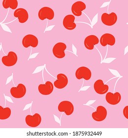 Seamless cherry vector pattern on pink background. Romantic pattern for textile, wrapping, packaging, print. Illustration.