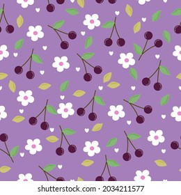 seamless cherrys pattern with cherrys ,leaves, flowers, hearts  on purple background use as wallpaper Paper and other publications