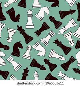 Seamless chess background. Chess elements seamless pattern. Background with complete set of chess pieces: king, queen, bishop, rook, knight, rook. Vector illustration.