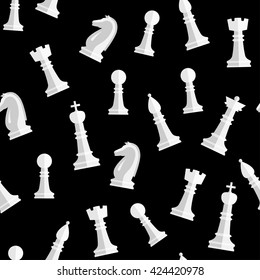 Seamless chess background. Chess elements seamless pattern. Background with complete set of chess pieces: king, queen, bishop, rook, knight, rook. Vector illustration.