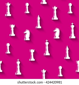 Seamless chess background. Chess elements seamless pattern. Background with complete set of chess pieces: king, queen, bishop, rook, knight, rook. Vector illustration.