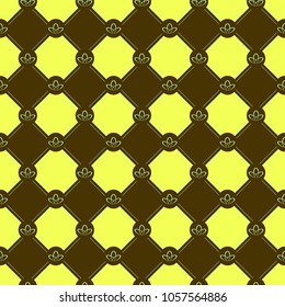 Seamless chess background with mattress texture stitch - dashed lines and lilies at the intersection. Endless contrast chess nautical style in golden and dark brown colors.