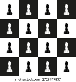 Patrón de peón de ajedrez sin fisuras en estilo semitono blanco y negro. Diseño de tablero geométrico repetitivo con peones contrastantes, ideal para estrategia, juego, abstracto o Diseño gráfico moderno.