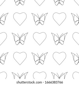 Seamless chess texture with hearts and butterflies on a white background. Spring pattern. Line graphics. Hand drawing. Pattern in swatch panel.