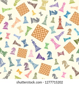 Seamless Chess vector pattern on Light Background. Colorful Chess Figures Vector Illustration. Figurine Including King, Queen, Bishop, Knight, Rook, Pawn.