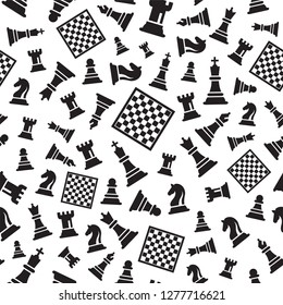 Seamless Chess Vector Pattern on Black And White. Black Chess Figures Vector Illustration. Figurine Including King, Queen, Bishop, Knight, Rook, Pawn.