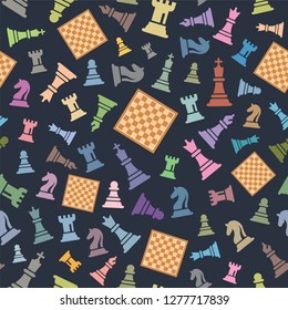 Seamless Chess Vector Pattern on Dark Blue. Colorful Chess Figures Vector Illustration. Figurine Including King, Queen, Bishop, Knight, Rook, Pawn.