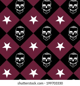 Seamless chessboard background with sketched scull. Vector illustration.